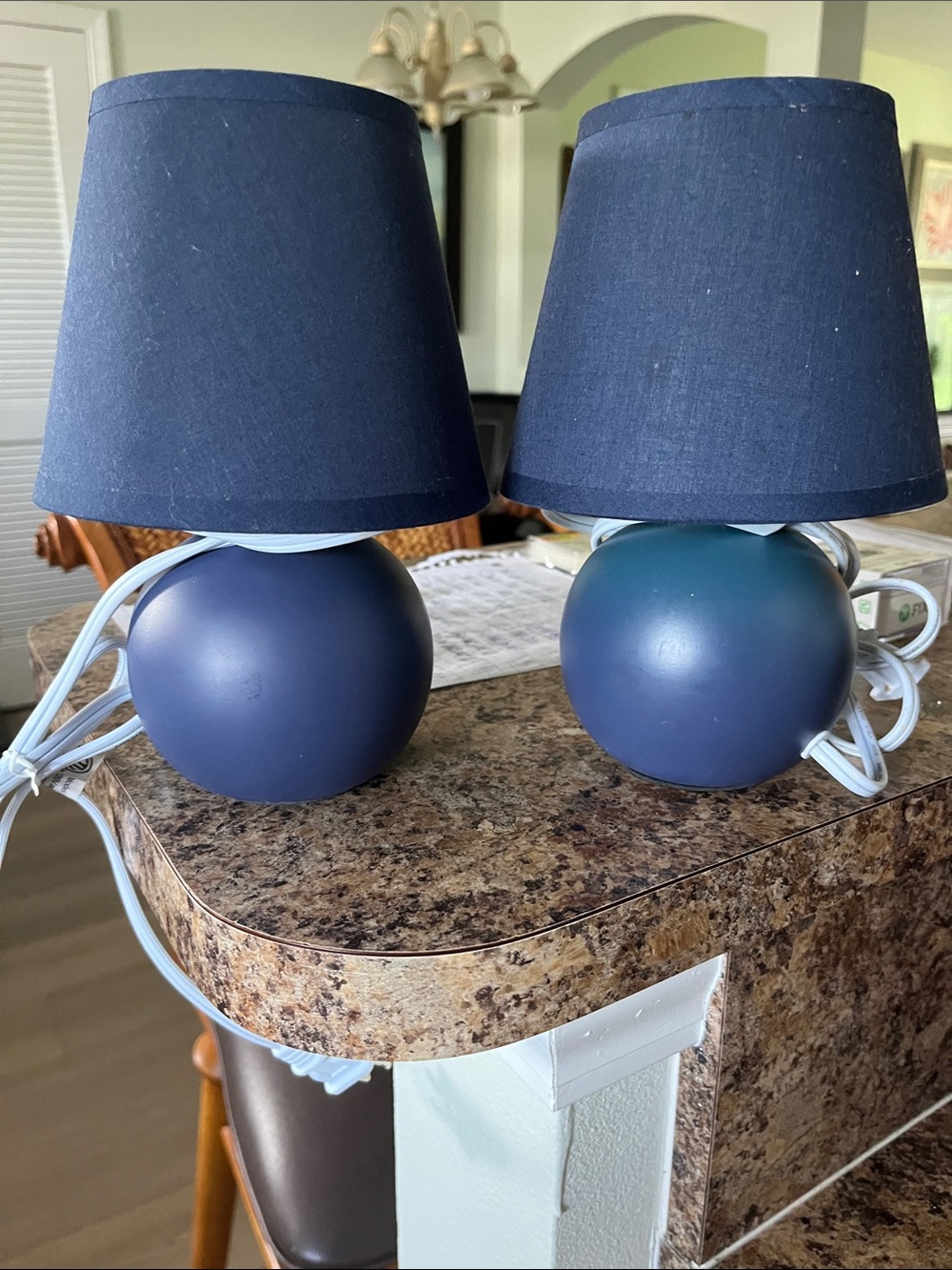 Pair of Navy Round-Base Table Lamps with Fabric Shades